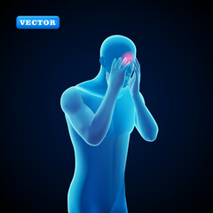 Blue man having a headache, 3D vector. Suitable for medical and health purposes