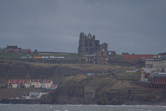 Whitby Abbey Overlooking the Town &mdash; East Cliff Ruins, Red Roofs, and Coastal Horizon Under Clouded Sky