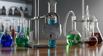 A laboratory setup with flasks and beakers containing colorful liquids, secured by a padlock, representing scientific research and data protection