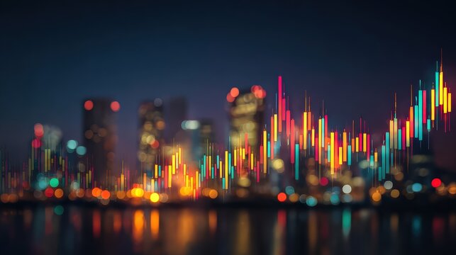 A vibrant night cityscape with colorful financial charts overlaying, symbolizing growth and market trends against a backdrop of glowing skyscrapers.