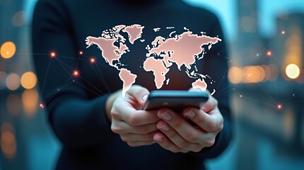 A person holds a smartphone, with a glowing world map and connected nodes, symbolizing global connectivity via mobile tech.
