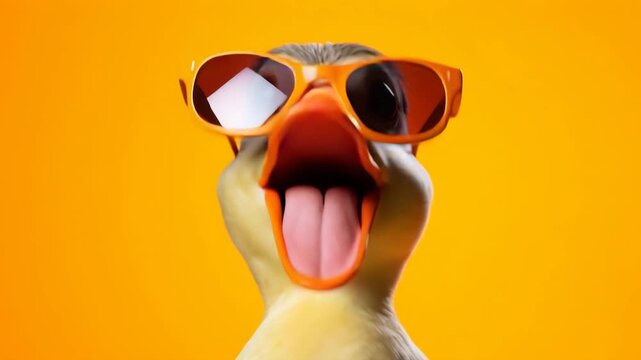 Funny Duck Wearing Sunglasses on Yellow Background