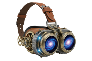 Steampunk goggles with gears and galaxy reflection in lenses on a transparent background