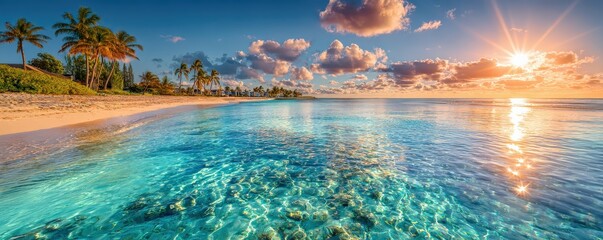 A vibrant beach scene at sunset, featuring clear waters, palm trees, and a colorful sky that sets a tranquil atmosphere.