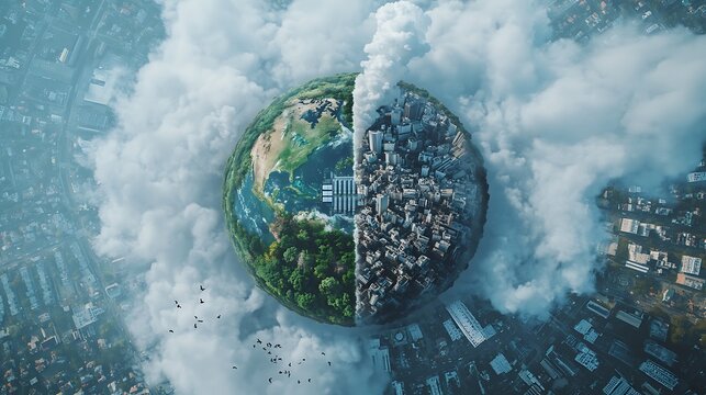 Divided earth nature versus city pollution high resolution image