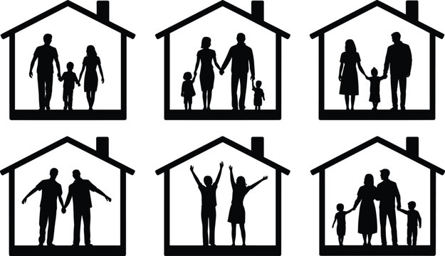 Family silhouettes in house shapes, parents and children together, home safety concept, unity and protection, family bonding illustration, supportive household