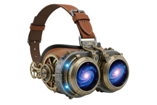 Steampunk goggles with gears and galaxy reflection in lenses on a transparent background
