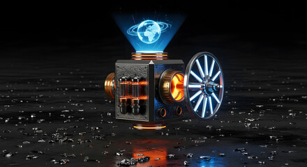 Technological Celestial Device: Intricate mechanical contraption, projecting a captivating holographic image of planet, against a backdrop of dark space, embodying a vision of futuristic technology.