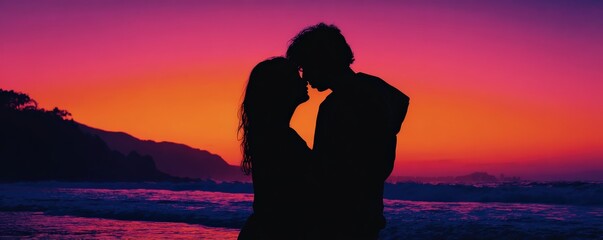 A romantic silhouette of a couple against a vibrant sunset sky, highlighting love and connection by the seaside.