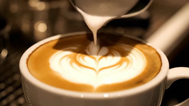 Close-Up Creamy Milk Pouring Into Espresso Creating Detailed Rosetta Latte Art In Specialty Caf&eacute;