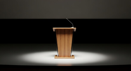 A wooden podium with a microphone stands on a stage, illuminated by a spotlight, symbolizing public speaking, presentation, and debate
