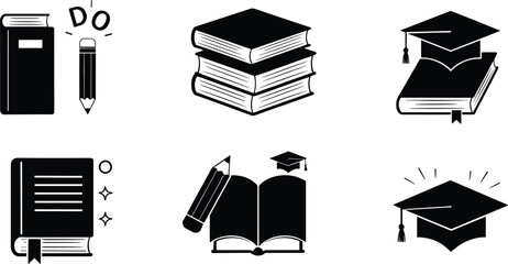 Education icon set vector illustration, academic achievement and study symbols, book pencil graduation cap design, cad drawing flat vector illustration