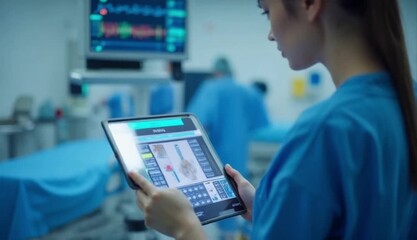 Focused Medical Professional Reviews Diagnostic Data on Tablet in Modern Operating Room - Powered by Adobe