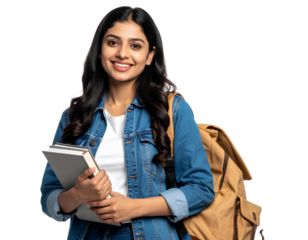 Portrait of a smiling young female Indian college student wearing casual clothes, isolated on a transparent background.