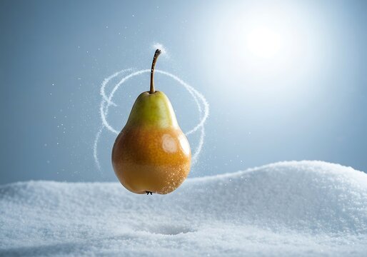 A perfectly ripe pear floats magically in the winter snow with sparkling light effects and a soft blue background - Powered by Adobe