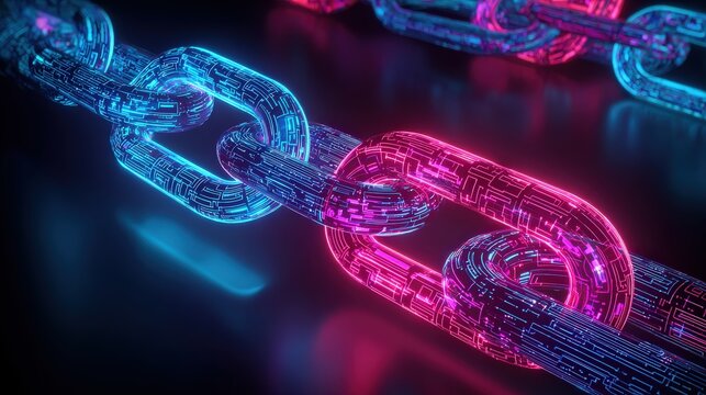 A vibrant digital chain rendered in blue and pink hues, symbolizing connectivity and technology in a modern design.