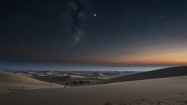 Moonlit dunes with a crescent moon and subtle fog under a sky full of stars