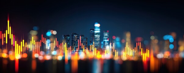 A vibrant city skyline at night, characterized by colorful light patterns resembling data visualization or financial graphs.