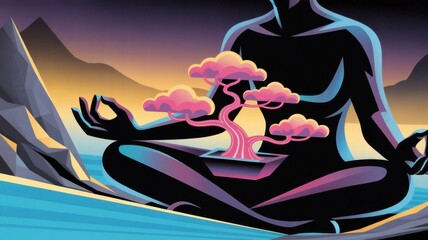 Find inner peace with meditative mindfulness practices and a vibrant bonsai tree, inspiring calm and focus in a serene landscape setting for mindful living