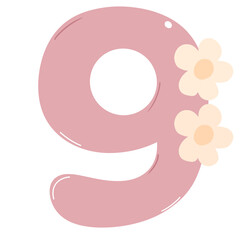 Pastel Pink Number 9 with Flowers &ndash; Cute Floral PNG Clipart