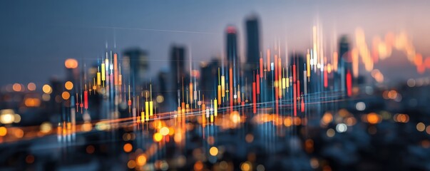 A vibrant stock market graph overlays a blurred city skyline, depicting financial trends with bright colors against a twilight backdrop.