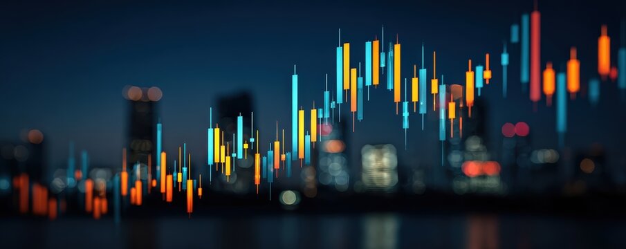 A vibrant financial chart displaying candlestick patterns against a blurred city skyline at night.