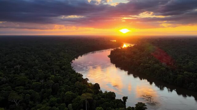 Sunset over the amazon river with the forest and the sun reflecting in water