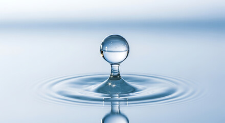 A perfect water drop creating ripples on a calm, blue surface, capturing a moment of purity and tranquility