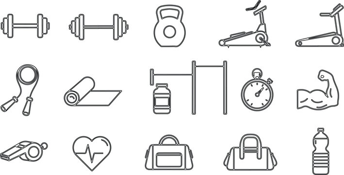 Fitness and Gym Equipment Icons Set Keywords: dumbbell, barbell, kettlebell, treadmill, exercise