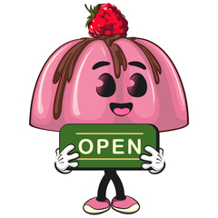 cute pink jelly dessert mascot cartoon vector food illustration, adorable raspberry pudding character with Chocolate Topping showing a sign that says open, work of hand drawn