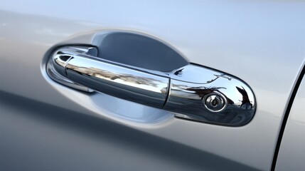 A close-up view shows a chrome car door handle glistening under the sun. The sleek design of the handle complements the smooth silver finish of the vehicle, enhancing its modern appeal