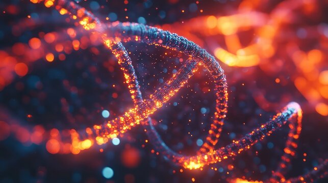 Dna double helix structure with glowing particles - Powered by Adobe