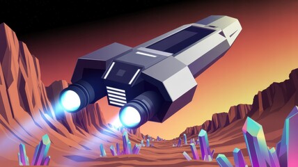 Futuristic spaceship soaring over alien landscape with glowing crystals, creating a sense of adventure and exploration in vibrant, otherworldly colors