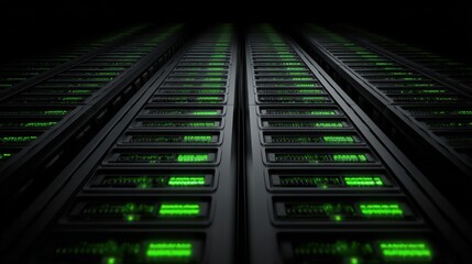 A futuristic view of server racks with glowing green lights, conveying a sense of technology and data processing in a dark environment.