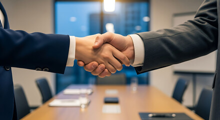 Two business professionals in suits shaking hands across a polished wooden conference table in a modern office meeting room, symbolizing agreement and partnership