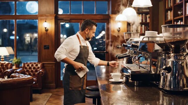 Cozy Nighttime Caf&eacute; With Barista Preparing Espresso Surrounded By Warm Glowing Ambient Interior Lights