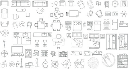 Collection of handdrawn furniture and home object sketches, isolated on