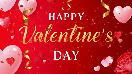 Luxurious, romantic Happy Valentine's Day greeting animation. Pink heart balloons, gold ribbons, and a red rose float on a rich red background with falling petals. - Powered by Adobe