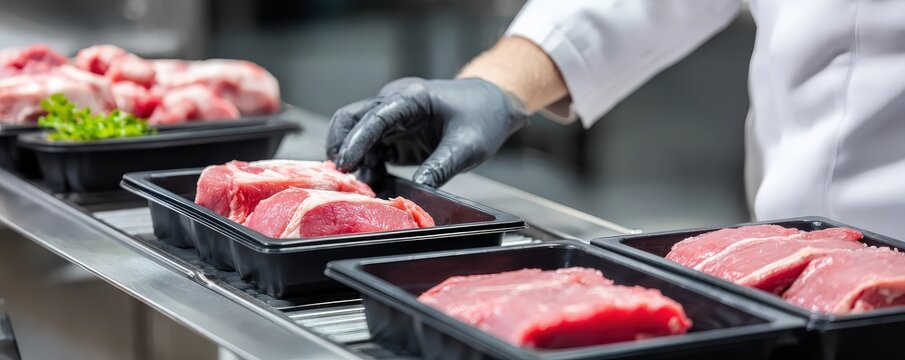 A chef arranges fresh meat cuts in black trays, showcasing a variety of high-quality cuts prepared for sale or cooking in a clean kitchen environment.
