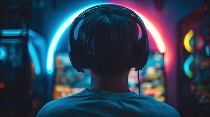 A person wearing headphones is seen from behind, immersed in a colorful gaming environment with vibrant blue and pink lights.