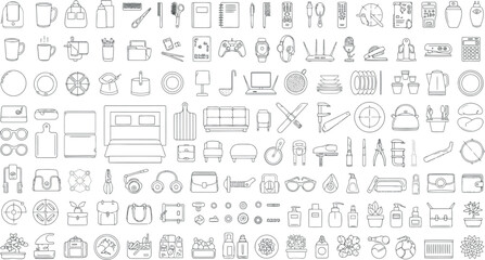 Collection of handdrawn icons representing various objects and items, isolated on