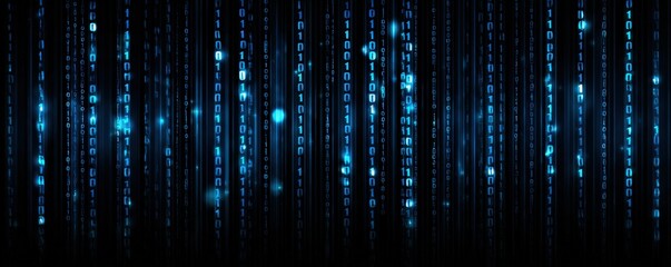 A digital representation of cascading binary code in blue tones, symbolizing technology and data flow.