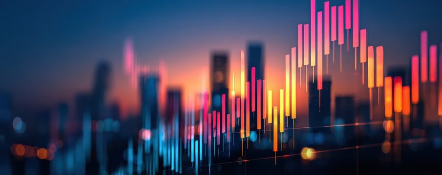 A vibrant city skyline with colorful financial charts overlaying an urban backdrop, symbolizing economic growth and market trends.