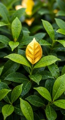 Close-up of vibrant green leaves with a single yellow leaf in the center, covered in water droplets, amidst lush foliage in natural sunlight
