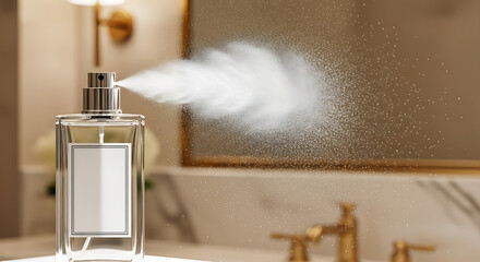A perfume bottle sprays a fine mist of fragrance in a luxurious bathroom setting with elegant fixtures and a mirror reflection