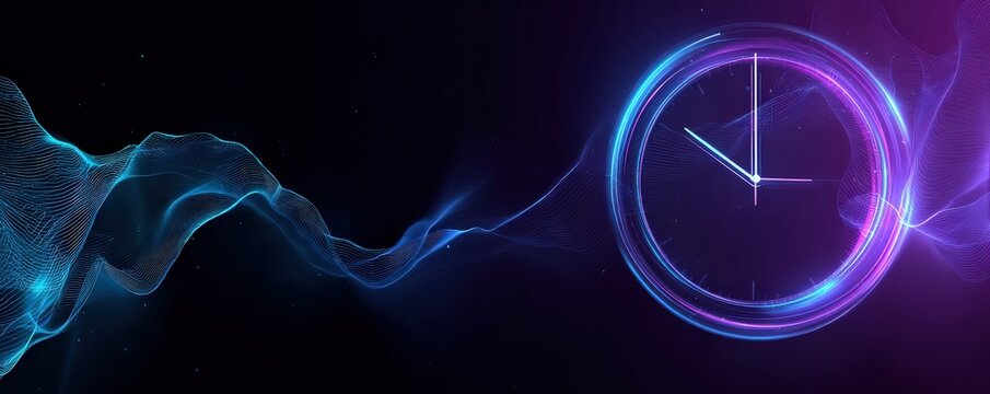 A digital clock design with flowing waves of light, creating a modern and futuristic atmosphere, emphasizing the concept of time. - Powered by Adobe
