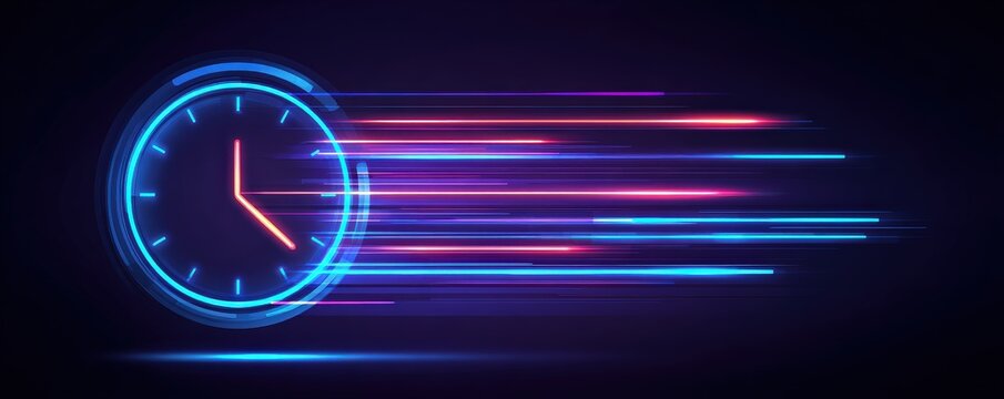A sleek, futuristic clock design with vibrant blue and pink motion blur, symbolizing speed and the passage of time.