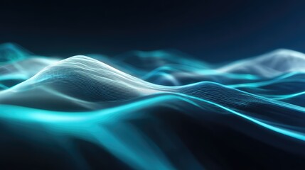 Digital sound wave energy flowing over abstract futuristic landscape