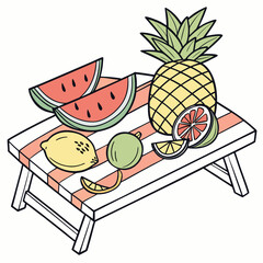 A colorful assortment of fresh fruits on a striped picnic table