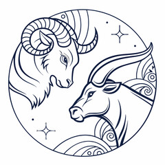 Aries and taurus zodiac signs in stylized circular design